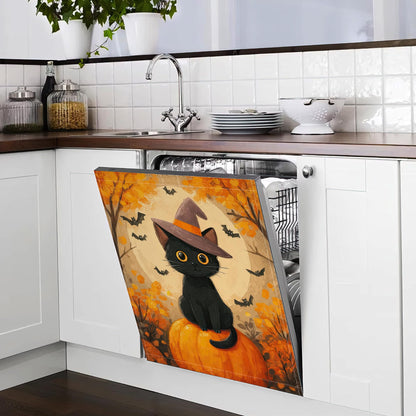 Magnetic Dishwasher Cover for Kitchen Decor Halloween Pumpkin,Washable Removable Black Cat Bat Front Panel Appliance Cover,23 x 26 Inch