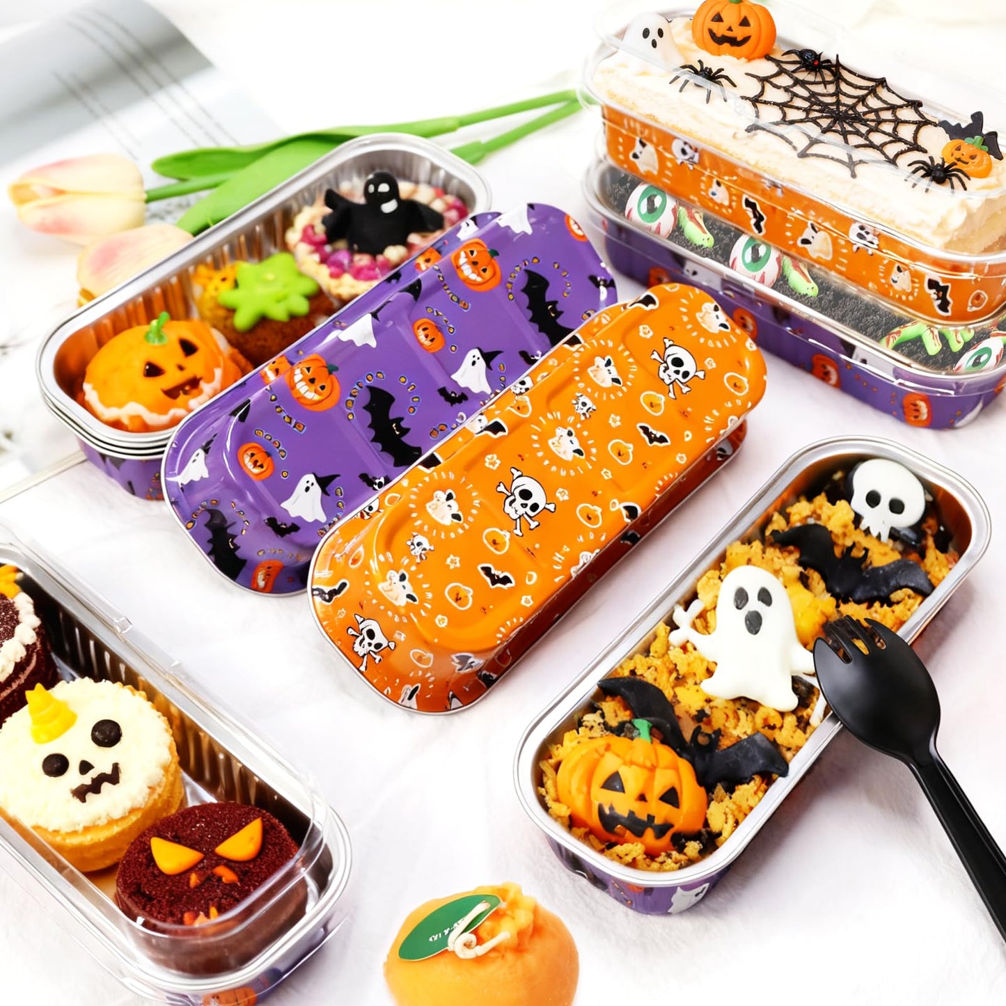 ylnurac 100Pack Halloween Mini Cake Pans Disposable Mini Loaf Pans with Lids and Spoons, 6.8Oz Aluminum Foil Pans Tins, Individual Dessert Cups Containers for Sales,Party,Picnics