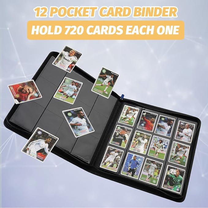12 Pocket Ringless Side Loading Trading Card Binder, 720 Cards PU Fixed Page Zipper Card Album for TCG Sports Game Cards, Not Fit Top Loaders (Carbon Black)