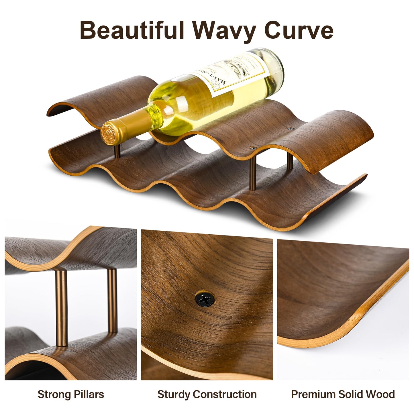 TRUDING Countertop Wine Rack - 7 Bottle Freestanding Wine Bottle Holder Stand - 2 Tier Wooden Wine Storage Rack - Walnut Wavy Wine Organizer for Cabinet Pantry Home Kitchen Bar