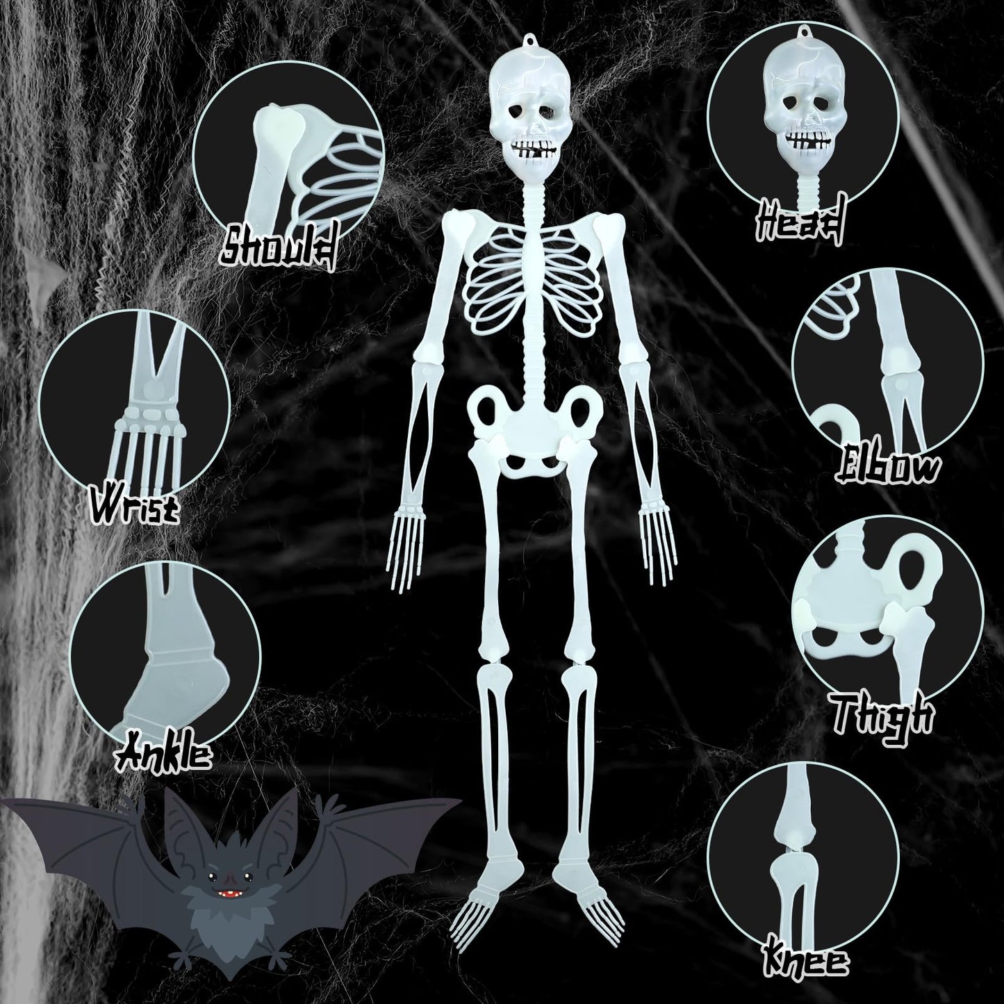 Colingmill 4 Pcs Halloween Glow in the Dark Skeleton 2 Pcs 60 Inch and 2 Pcs 35 Inch Full Body Luminous Skeleton Adjustable Joints Skeletons for Halloween Indoor Outdoor Yard Hanging Decoration