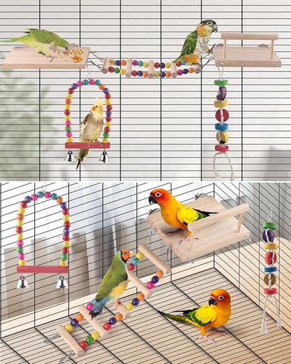 DBNESS 5in1 Bird Parakeet Toys, Detachable Birdie Perches Platform Swing with Climbing Ladder, Parrot Cage Stand Accessories, Wooden Playing Gyms for Conure Cockatiel Lovebird Finch Budgerigar Pigeon