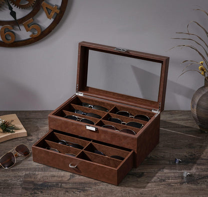 BEWISHOME Sunglasses Organizer, 12 Slots Sunglasses Case for Women Men, Eyeglasses Eyewear Display Case with Clear Glass Top, Faux Leather,Brown SSH48Z