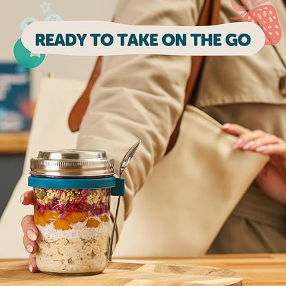 Overnight Oats Containers with Lids & Spoons - Stainless Steel Lid Leakproof Glass Jars for Chia Pudding & Yogurt for Healthy Breakfast On-the-Go - 16oz Set with Unique Milk Line - 4 Pack