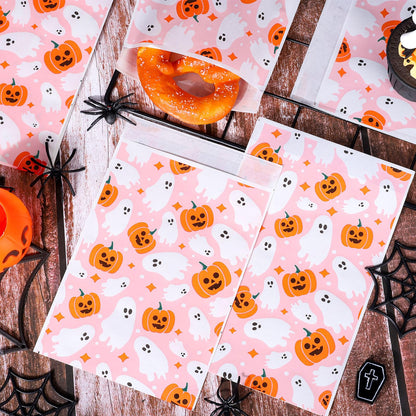 Whaline 100Pcs Halloween Treat Bags Self Adhesive Pink-Orange Ghost Pumpkin Candy Goodie Bag Cute Buffet Favor Bag for Trick or Treat Birthday Party Supplies