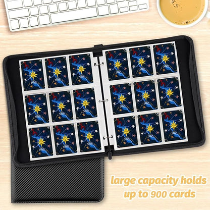 900 Pockets Round Ring Trading Card Binder, 9-Pocket Clear Zipper Card Album with Wrist Strap, Holds 900 Standard TCG & Sports Cards, Not Fit Top Loaders (Carbon Black)