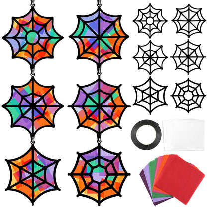 Qyeahkj 36 Set Halloween Spider Web Suncatchers Crafts DIY Hanging Spider Web Tissue Paper Crafts Kit Window Art Ornaments Decor for Halloween Activity Art Project Party Favor Gift