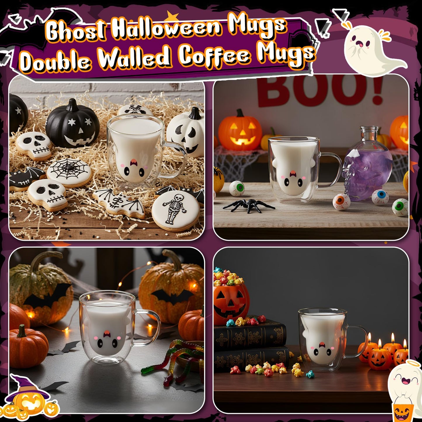Honeydak Ghost Halloween Mug, 10 oz Double Walled Coffee Mugs with Handle, Heat Resistant Mugs for Hot Cocoa and Latte for Halloween Party Supplies(White,Cartoon Style)