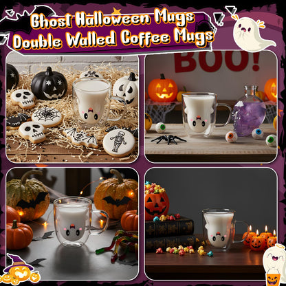 Honeydak Ghost Halloween Mug, 10 oz Double Walled Coffee Mugs with Handle, Heat Resistant Mugs for Hot Cocoa and Latte for Halloween Party Supplies(White,Cartoon Style)