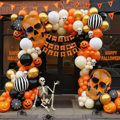 Halloween balloons arch kit Orange Black balloons skull stripe balloons & maple leaves spiderwebs for Fall adult horror halloween Birthday Spooky Theme Festival rick or Treat game Decorations