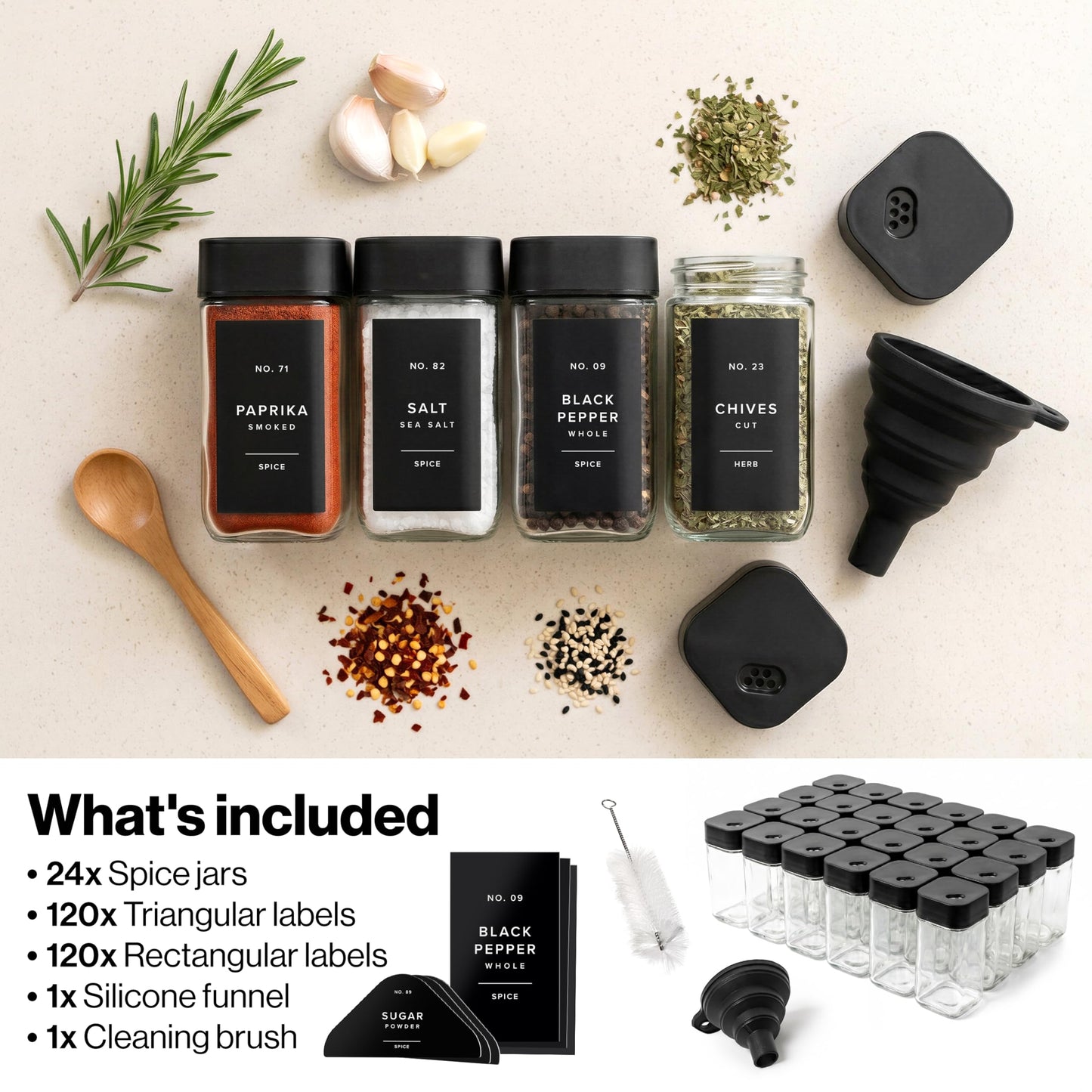 EDELHAUS Square Glass Spice Jars with Label and Black Rotating Lids (24 x 4oz) Spice Containers with 240 Labels, Shaker Inserts, Silicone Funnel, Empty Square Empty Square Seasoning Organizer