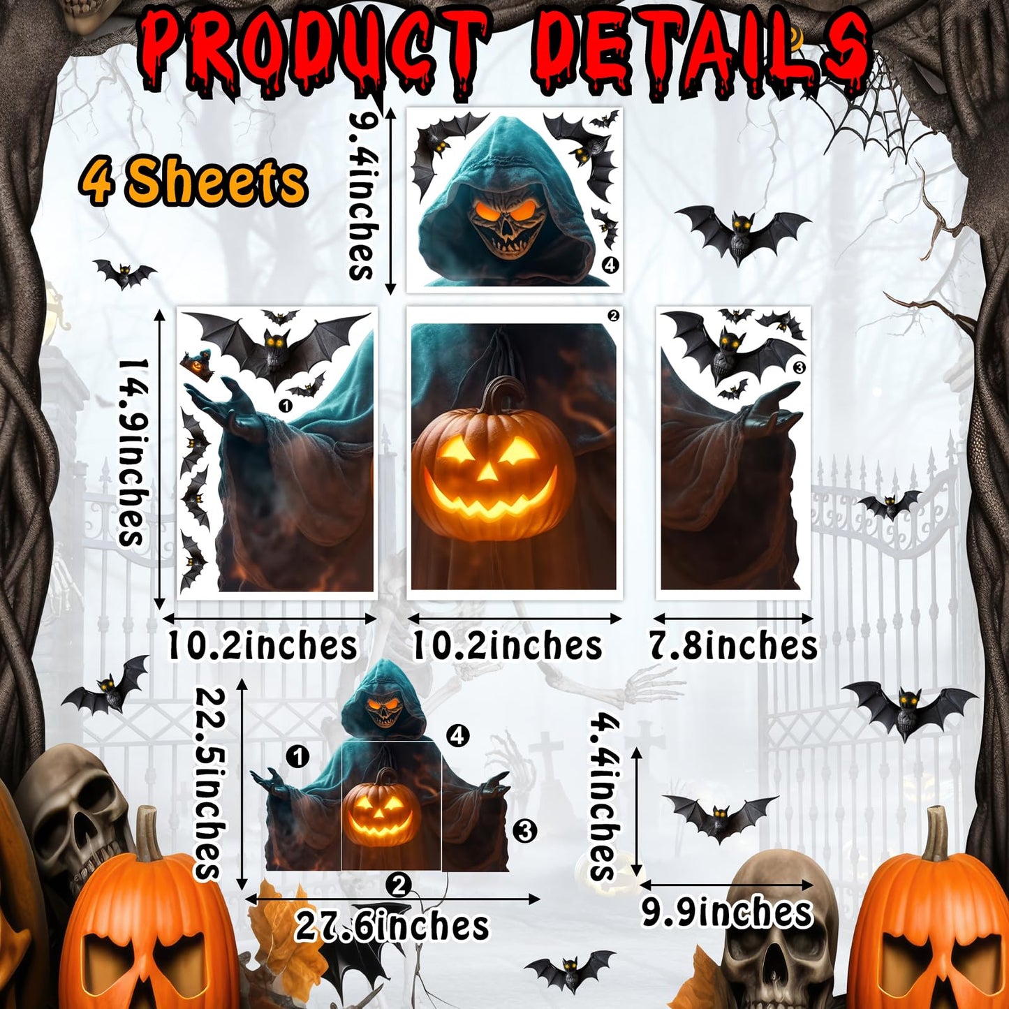 Halloween Window Decorations Clings Large Ghost Decals for Glass Door Double Sided Scary Window Decal Removable Indoor Halloween Party Supplies Spooky Bats Static Decal for Home Office Holiday Decor