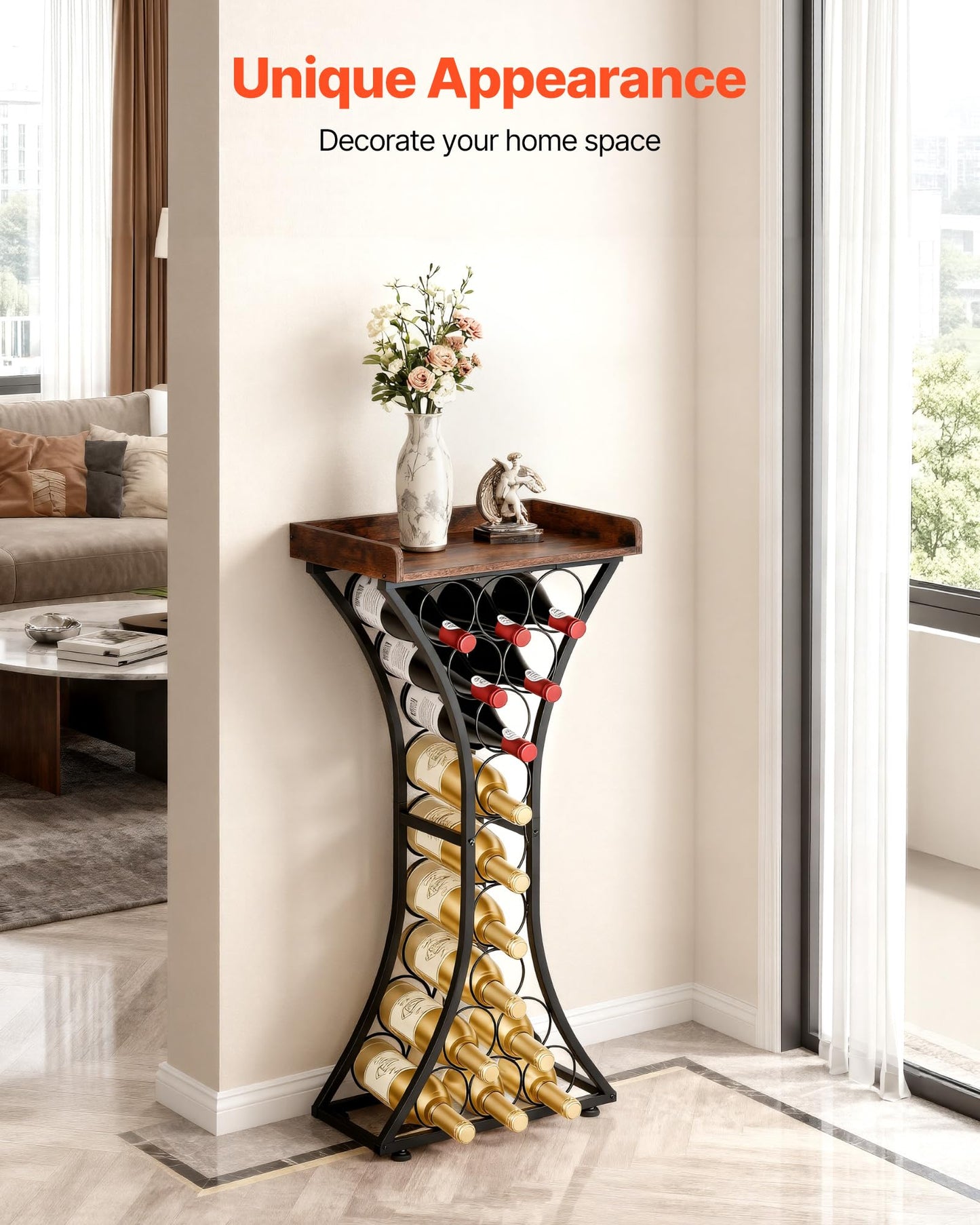 VEVOR 15 Bottle Wine Rack,Iron Freestanding Floor Wine Holder, Mini Bar Stand Liquor Cabinet with Wood Tabletop, for Home Bar,Kitchen,Living Room,Dining Room,16.9''L X 11.4''W X 35.2''H
