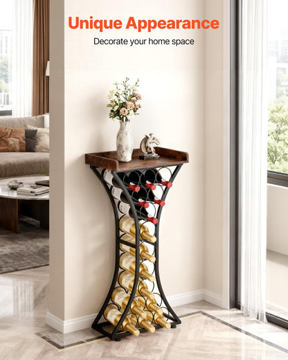 VEVOR 15 Bottle Wine Rack,Iron Freestanding Floor Wine Holder, Mini Bar Stand Liquor Cabinet with Wood Tabletop, for Home Bar,Kitchen,Living Room,Dining Room,16.9''L X 11.4''W X 35.2''H