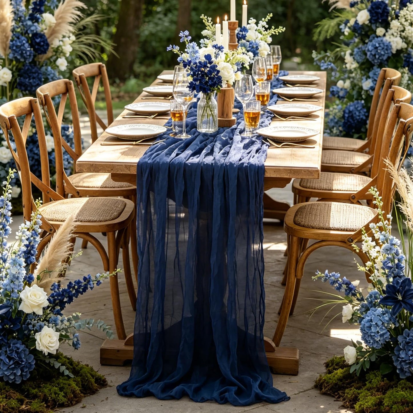 3Pcs Navy Blue Table Runner, 10FT Rustic Gauze Blue Table Runner 35*120inch Boho Table Runners for Wedding Bridal Shower Birthday Baby Shower Table Centerpiece Decorations