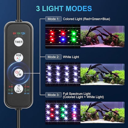 AQQA LED Aquarium Light for Plants, 24/7 Mode Full Spectrum Fish Tank Light with 3 Light Modes, Adjustable Timer/Brightness, Memory Function, Extendable Brackets for Freshwater for 48-55 Inch Tank 36W