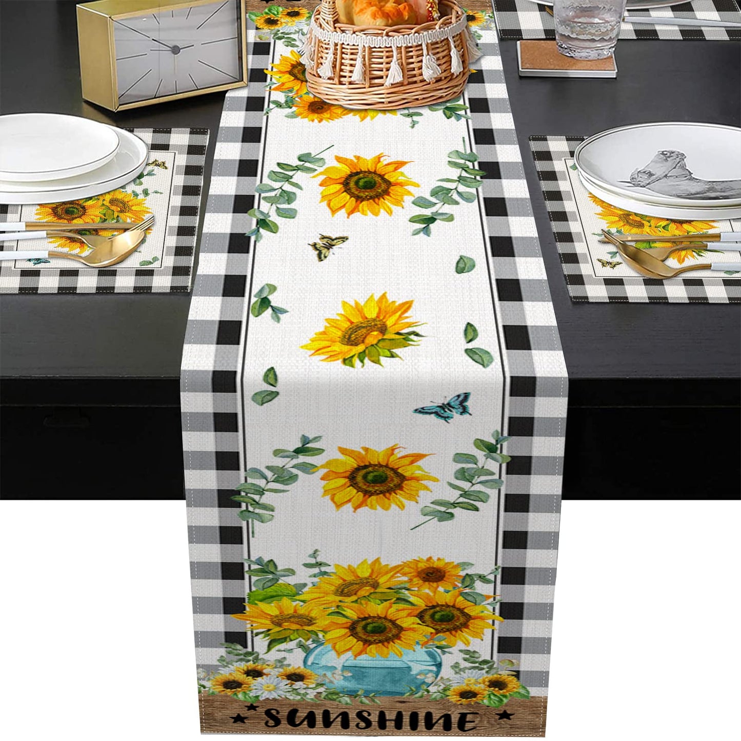 ArtSocket Sunflower Table Runner and Placemats Set of 6, Black White Buffalo Plaid Floral Flower Dining Decor for Daily Use(1 Table Runner 72 inches Long and 6 Placemats)
