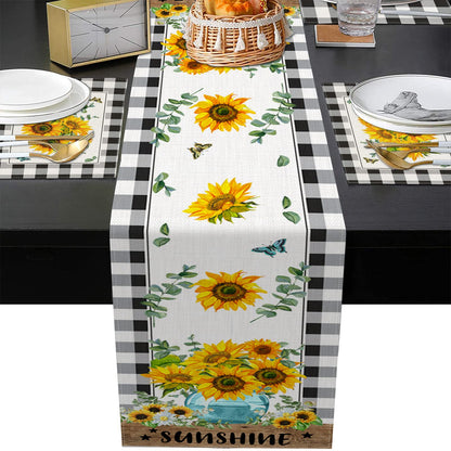 ArtSocket Sunflower Table Runner and Placemats Set of 6, Black White Buffalo Plaid Floral Flower Dining Decor for Daily Use(1 Table Runner 72 inches Long and 6 Placemats)
