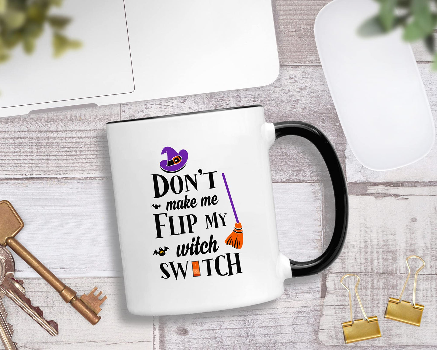 Casitika Witch Gifts. Funny Halloween Cups. Don't Make Me Flip My Witch Switch. 11 Oz Witches Mug For Friend Or Coworker.