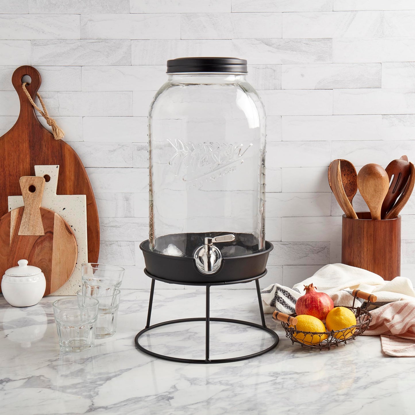 Mason Craft & More 3 Gallon Glass Beverage Drink Dispenser with Leakproof Spigot and Metal Stand
