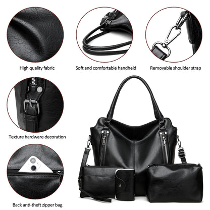 2E-youth Purses for Women Large Tote Women's Handbag Set Faux Leather Hobo Crossbody Bag 4pcs (1A-Black)