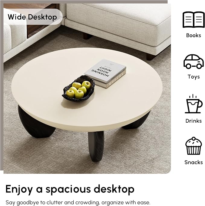 homary Round Concrete Coffee Table with Premium Walnut Ash Wood Legs, Modern Minimalist Cement Finish Center Table for Living Room (Black, 29.9" W x 29.9" D x 14.4" H)