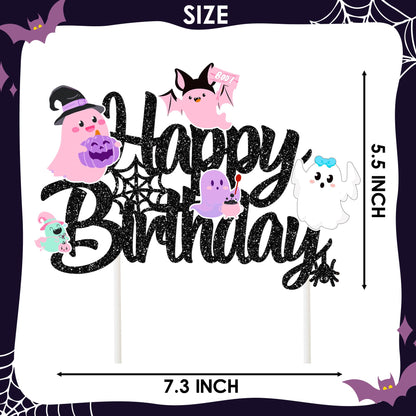 Halloween Ghost Happy Birthday Cake Topper Black Glitter Halloween Birthday Cake Decorations Pastel Ghost Cake Picks Ghosts Boo Day Baby Shower Decor for Birthday Party Supplies