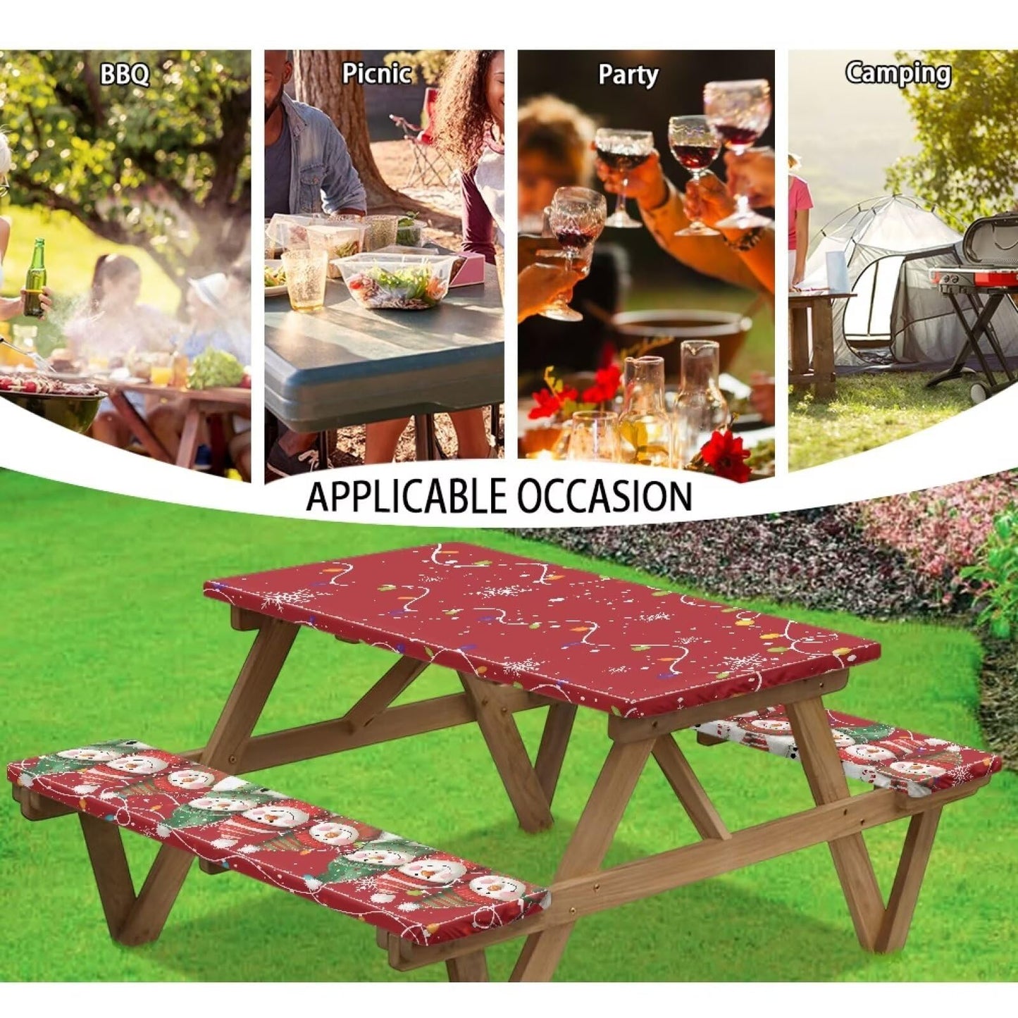 Mintulipy 3 PCS Fitted Picnic Table Cover with Bench Cover Fitted Rectangle Tables and Seats Christmas Lights Snowmen Outdoor Picnic Table Cover for Camping