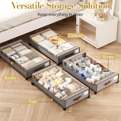 Yecaye Under Bed Storage with Wheels, 4 Pack Under the Bed Storage Containers with Lids & Label, XXL 60 L Rolling Underbed Storage Drawers for Clothes, Blankets, Shoes
