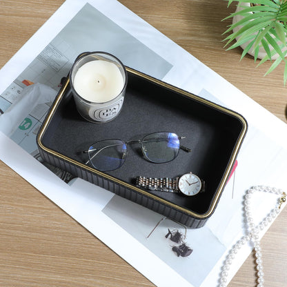 MEIBOOCH Desk Organizer Tray, PU Leather Nightstand Organizer Perfume Valet Tray for Men Women, Decorative Vanity Trays Trinket Dish Key Bowl for Entryway Table (Black, Small)