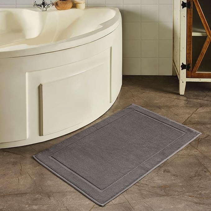 Hawmam Linen Cool Grey Bath Mats, 21 x 34 inches, Banded Design, Highly