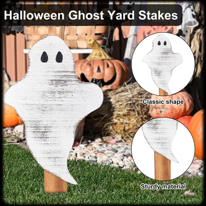 Amyhill 6 Pcs Wooden Halloween Ghost Yard Stakes 15'' Farmhouse Yard Signs Garden Decorations for Holiday Outdoor Lawn Patio Pathway Driveway Party Supplies, 3 Designs