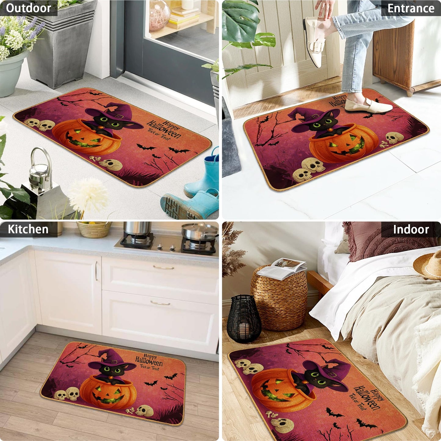 Doormat Black Cat Skull Front Door Mat Indoor Outdoor Entrance,Halloween Pumpkin Bat Door Mat Waterproof Low Profile All-Season,Easy Clean Patio Porch Entryway Floor Rug 17x29 Inch