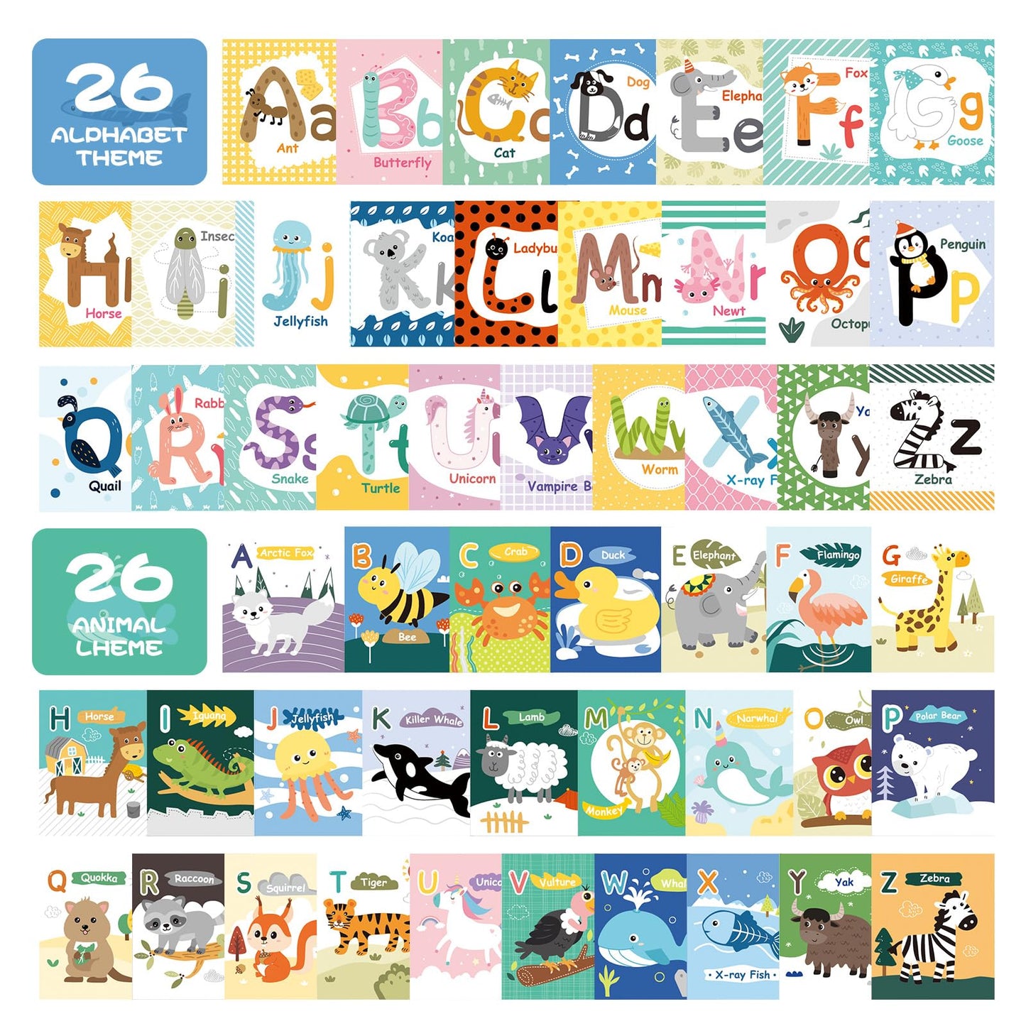 Jollybaby Reusable Soft Cloth ABC Alphabet/Letters Animal Flash Cards for Baby 0-6-12-18 Months, Curious Baby First Words Learning Activity Flashcards, Montessori Sight Words Toy - Easter Gifts
