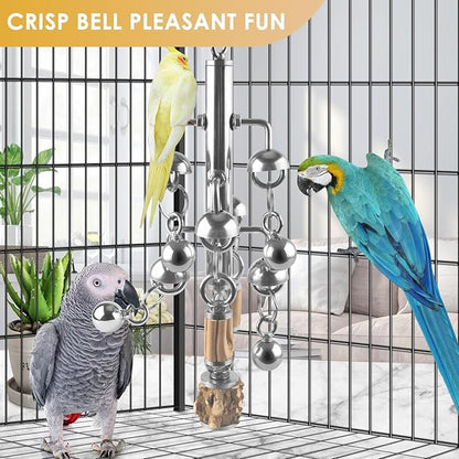 KATUMO Large Bird Toys, Natural Wooden and 304 Stainless Steel Bell Toy for Parrots, 1.46 LB Heavy Birds Cage Toy for Amazon Parrot, African Greys, Budgies, Lovebirds, Cockatiels,Cockatoo