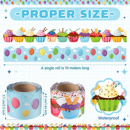 Trandraft 2 Rolls 65.6ft Balloons Cupcake Border Bulletin Board Decorations for Birthday Back to School Themed Party Classroom Decor School Home Office Chalkboard Wall Decors