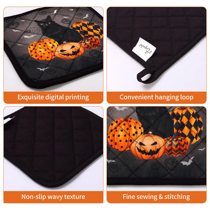 Arquiel Halloween Cat Oven Mitts and Pot Holders Sets 4Pcs, 100% Cotton Heat Resistant, Extra Long Oven Gloves Potholder for Kitchen Cooking Baking Decoration