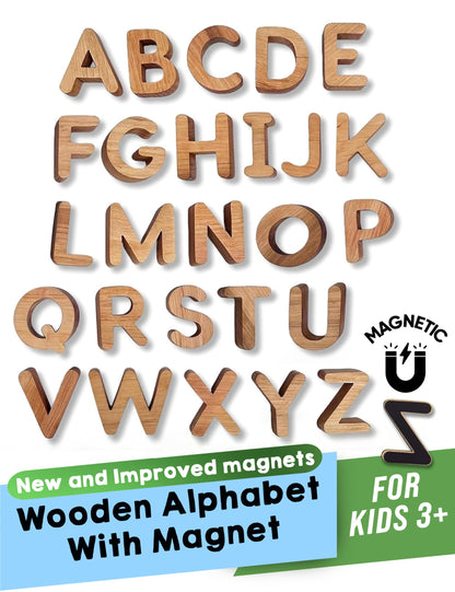 LEAPING LEARNING Alphabet Magnets - Magnetic Letters for Kids, Wooden Letters for Learning & Classroom Supplies, Ideal for Refrigerators, School Board, & Early Literacy Educational Toys 3+ (Uppercase)