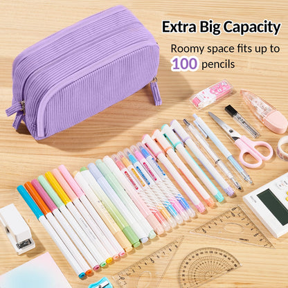 Sooez Big Capacity Pencil Case Pen Pouch, Soft Corduroy Pencil Bag with 3 Compartment, Multiple Pockets, Sturdy Zipper, Cute School Supplies Pen Bag Organizer For Teen Girls College, Purple