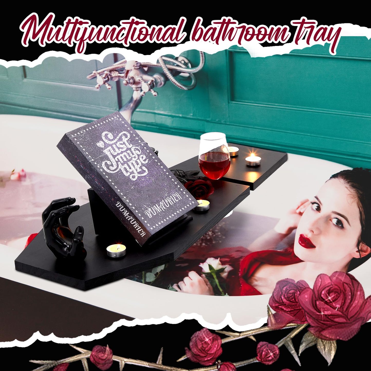 Barydat Halloween Decorations Coffin Bath Tray Gothic Coffin Serving Tray with Tablet Stand Spooky Goth Bathtub Caddy Black Wood Bath Board for Halloween Home Decor Bathroom Accessories