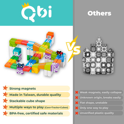 QBI Magnetic Building Blocks Car Track Set, STEM Building Toys for Kids Ages 4-8, Magnetic Cubes with 2 Push-and-Go Cars, Ramps & Track Plates, Montessori Birthday Gift (46PCS)