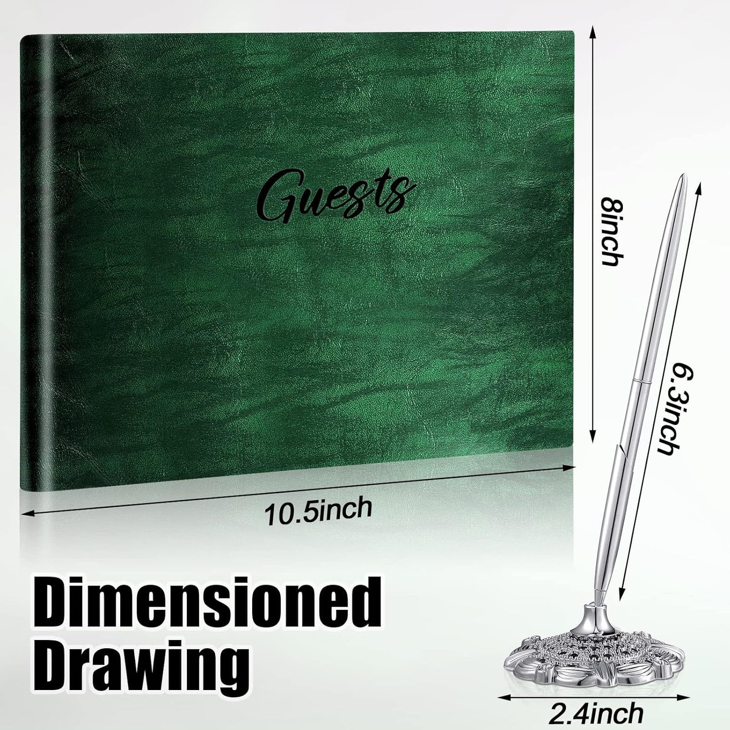 Leather Guest Book and Pen Stand Set, 10.5" x 8" Embossed Guests Sign in Book Registry Book for Funeral, Wedding Reception, Vacation Homes and Events, 80 Sheets (Green)