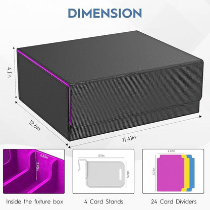 Trading Card Storage Box, 3200+ MTG Card Storage, 4 Row TCG Card Organizer Box with 24 Colorful Dividers and 4 Stands, PKM Bulk Storage, Deck Case Holder Fits for YuGiOh, Game Cards (Black & Purple)