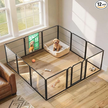 FXW AuraSpace Pro Acrylic & Wire Mesh Indoor Dog Playpen, 24" Height 12 Panels Metal Dog Pen for Puppies & Small Dogs, Black│Patented