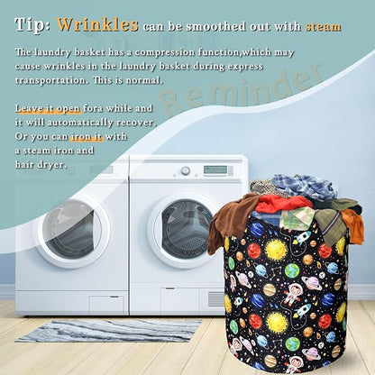 Funny Astronaut Laundry Basket Foldable With Handles Galaxy Tote Bag Oxford Cloth Colorful Planet Laundry Hamper Clothe Storage Bucket Toy Organizer 18.9"x16.5"For Bathroom/Laundry/Bedroom