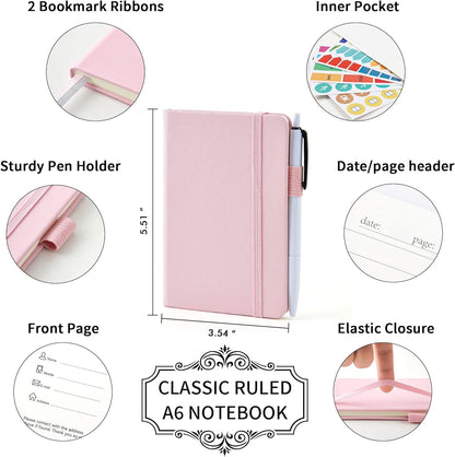 feela 6 Pack Pocket Small Notebooks Bulk, Mini Cute Memo Notepads Hardcover College Ruled Lined Journals with Pen Holder for Women Girls Office School, with 6 Black Pens, 3.5”x 5.5”, A6, Rose Pink