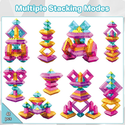 48 PCS Sensory Stacking Blocks, Light Table Compatible Building Blocks, STEM Educational Learning Resources for Toddlers Boys Girls Ages 3+