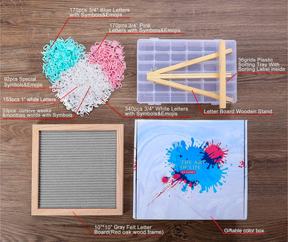 G GAMIT Felt Letter Board Message Board 10x10inch with Stand,Pre-cut&Sorted 805pcs White,Blue&Pink Changeable Letters+Weeks &Months Cursive Words,Word board Sign board with Sorting Tray&Gift Box(Gray)