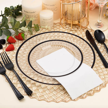BESTSTAR 200PCS Black and Clear Plastic Plate, Black Disposable Plate Set with 100 Dinner Halloween Plates and 100 Dessert Plates for Party