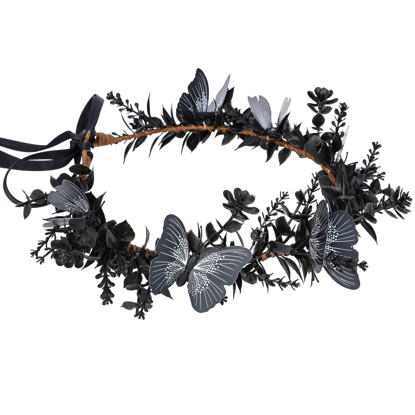MOSTORY Handmade Black Flower Butterfly Crown - Gohic Elf Headpiece Fairy Floral Headband Dark Wreath for Women s Halloween Renaissance Cosplay Festival Witch Party